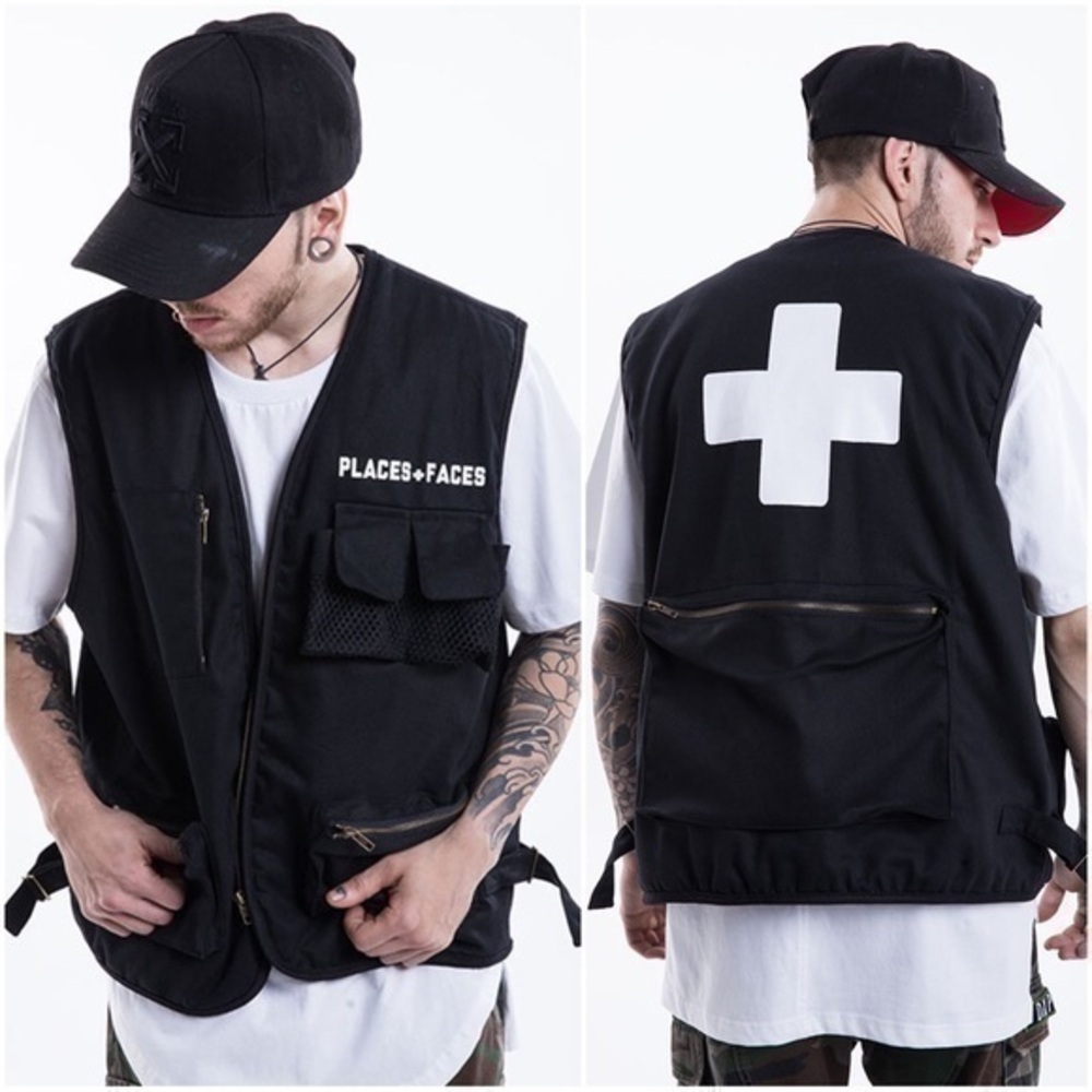 Places + Faces Men's Black Tactical Utility Streetwear Zip Up Vest Size Small